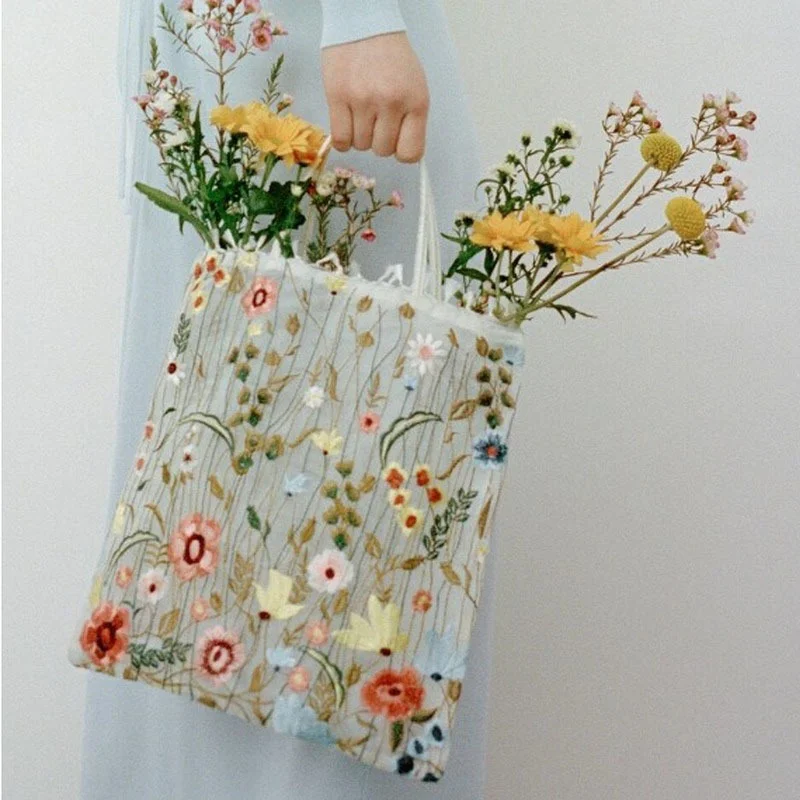 

Женская Сетчатая Сумка-тоут, прозрачная сумка на плечо с цветочной вышивкой, романтичная эко-сумка для покупок, лето 2023, 1 шт.