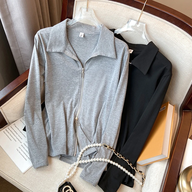 

2022 New Summer Women's T-shirts Long Sleeve Polo Collar Casual Loose Female Basic Tops Gray Black Zipper Casual Shirt 4XL