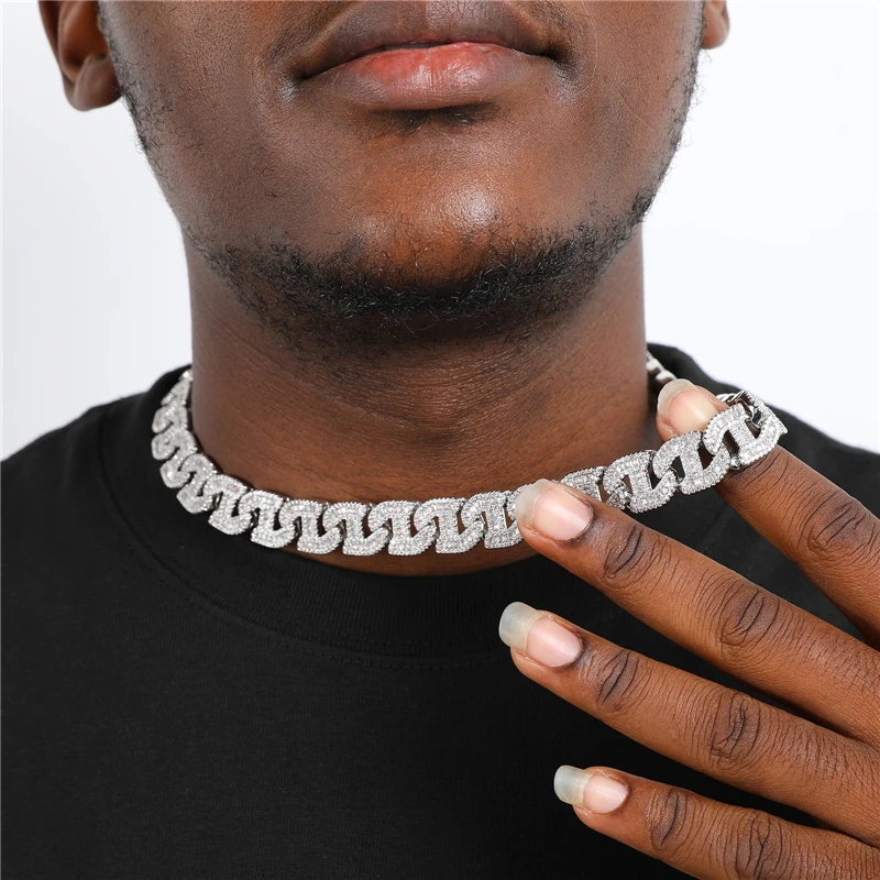 

14mm Spring Clasp Mariner Cuban Chain Link Iced Out AAA Cubic Baguette Zircon Bling Necklace Hip hop Men Jewelry Gift