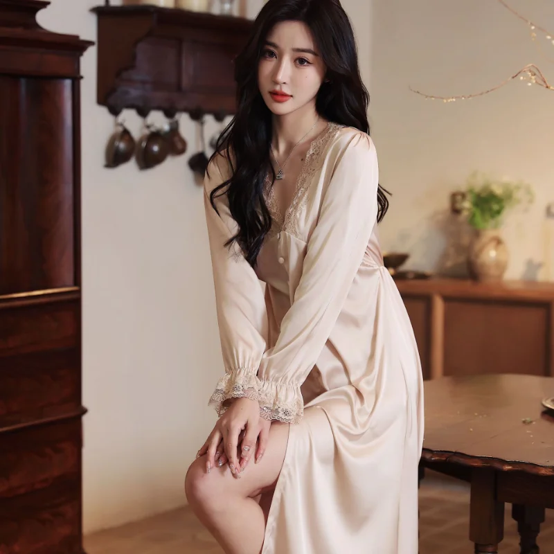 Ice Silk Pajamas Dress Lace Sexy Long Vintage Nightdress Snow Silk Long Skirt Sleepwear The Sexy Clothes for Sleep Nightgown