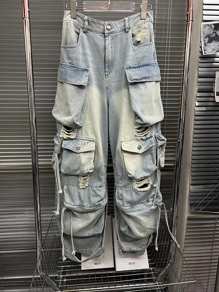 

2023 new women's work jeans y2k clothes Spice Girls fashion hole washed heavy work multi-pocket jeans Hundreds of tops dress