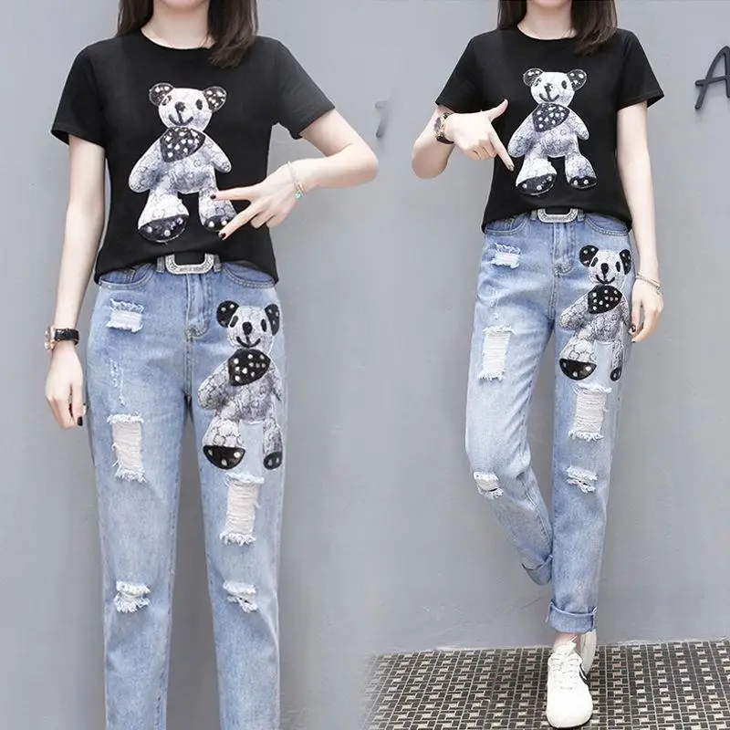 

Bear Print Short Sleeve T-shirt Women Jeans 2 Piece Sets Casual Fashion Tops + Cropped Denim Pants Suit Womens Outfits E91