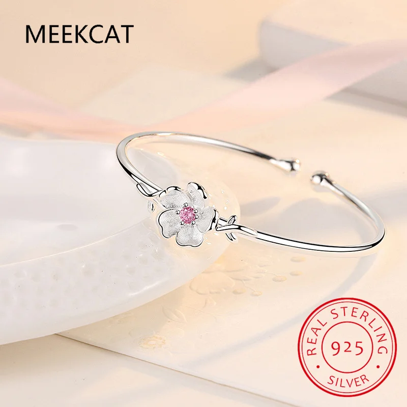 

Delicate Pink Cherry Blossoms Bangle Bracelet Silver Color Drop Glaze Open Cuff Bangle For Women S-B278