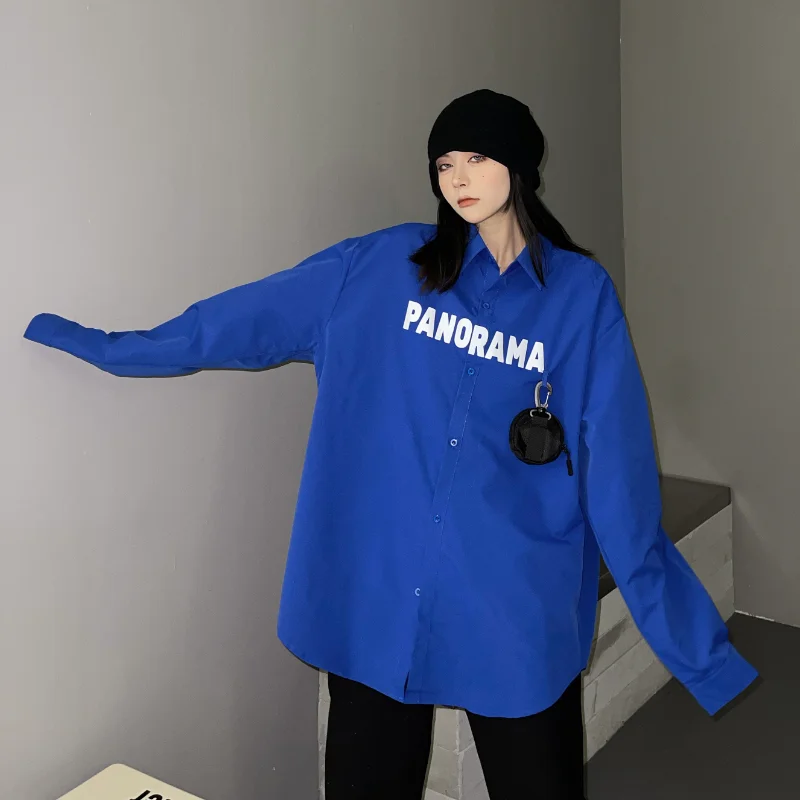 

Estceque Klein Blue Shirt Women Turn-down Collar Letter Elegant Fashion Baggy Long Sleeve Casual Blouse Woman 2022 Autumn