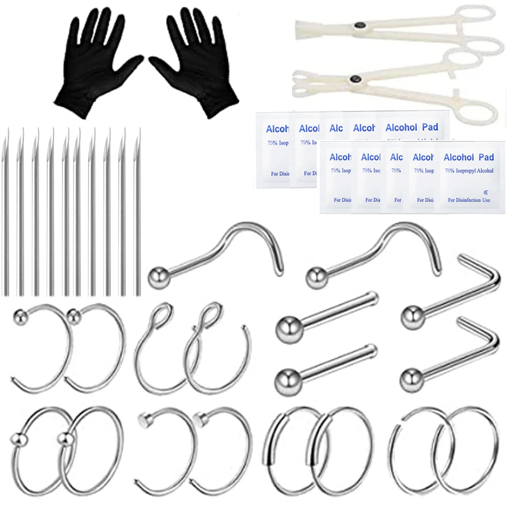 

WKOUD 42 Pcs Nose Piercing Kit with 20G 18G Stainless Steel Piercing Needles Piercing Clamps Gloves Nose Ear Nail Jewelry