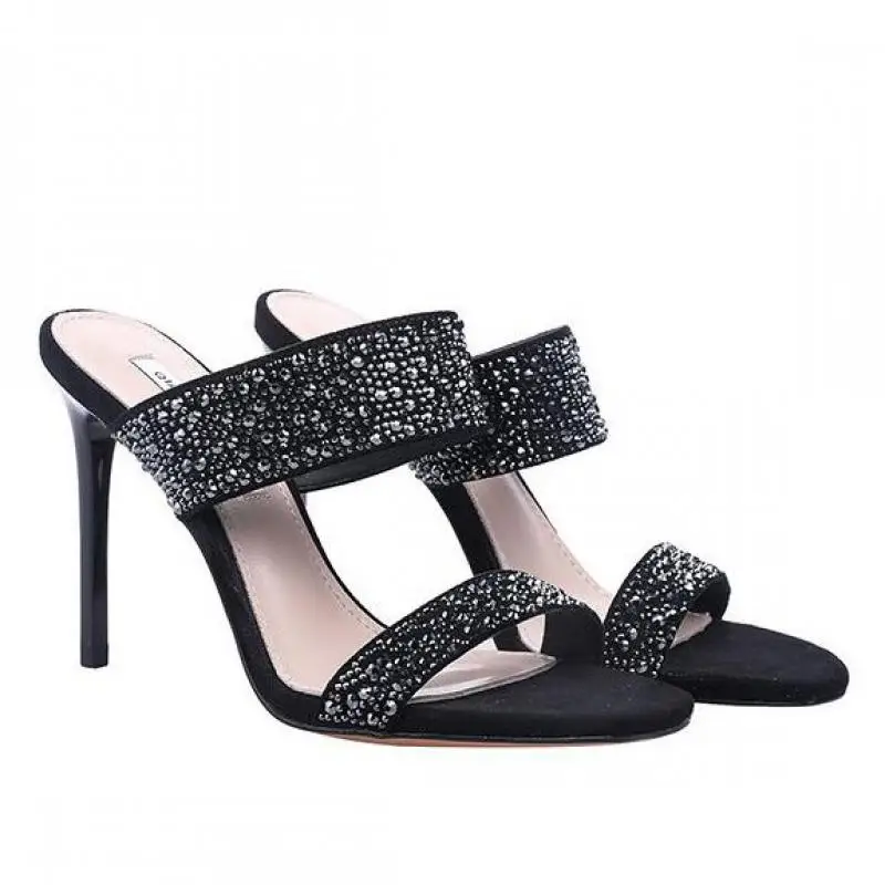 Женские шлепанцы с кристаллами сандалии на квадратном каблуке элегантные для