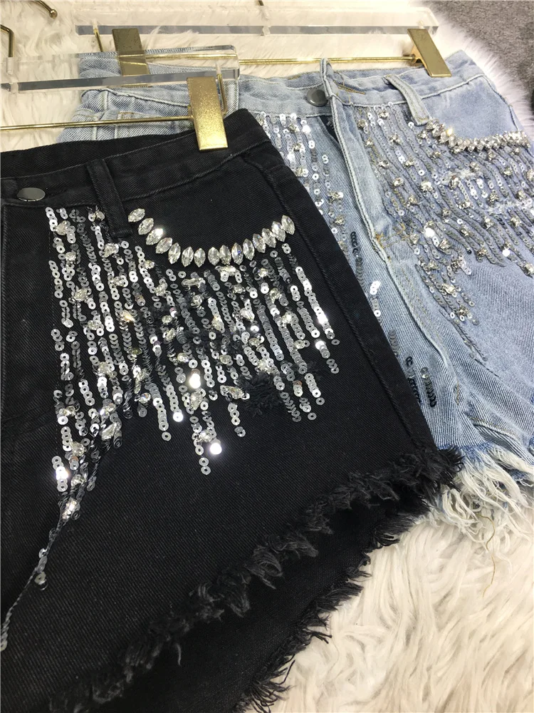 Heavy Embroidery Sequins Shorts Women's 2023 Summer New Handmade Beaded Tassel Frayed Washed Jeans Hot Girl Tight Pants Female