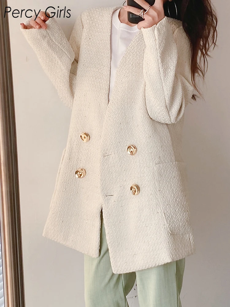 

2022 ZA Women Fashion Office Lady Style Tweed Double Breasted Blazers Coat Casual V-Neck Long Sleeve Blazer Chic Outwear