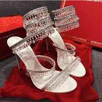 2022 new women snake like sandals chandelier embellished satin sandals ankle straps shimmering crystals summer shoes handmade