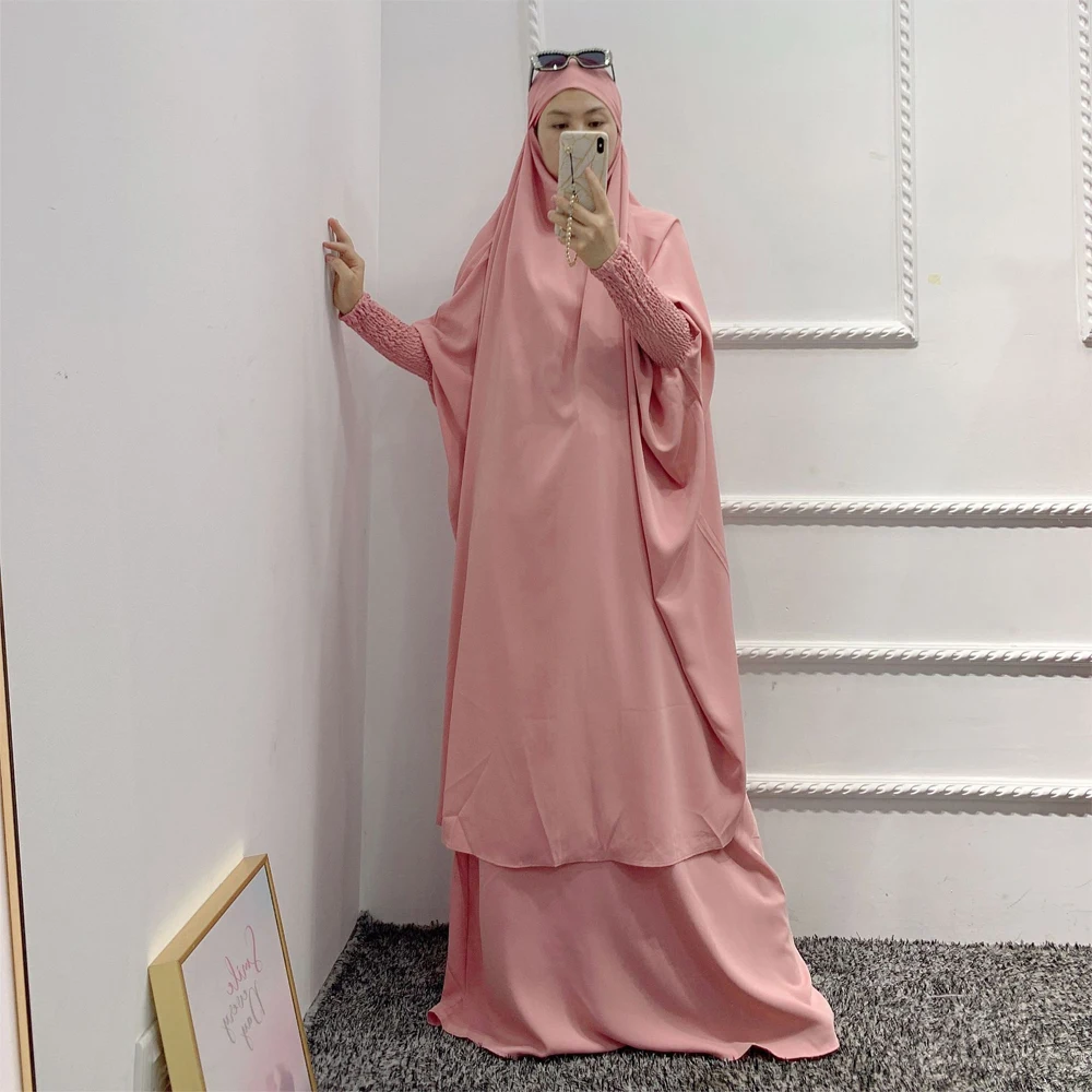 Muslim Prayer Garment for Women 2 Piece Sets Dress Jilbab Eid Hooded Pleated Abaya Long Khimar Fashion Dubai Turkey Clothing