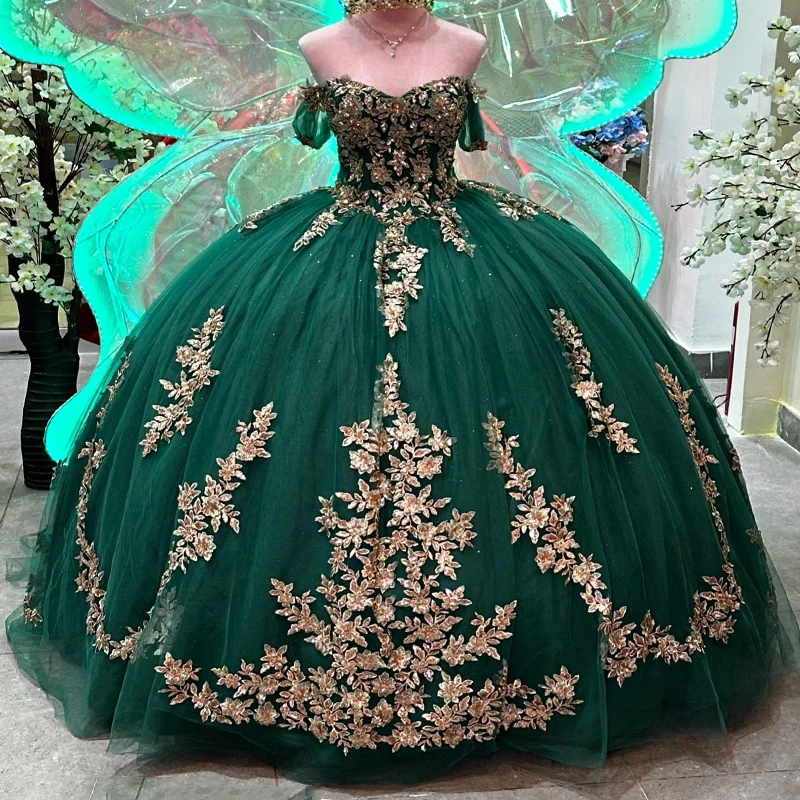 Черновато-зеленое милое платье Quinceanera бальное принцессы с золотыми аппликациями
