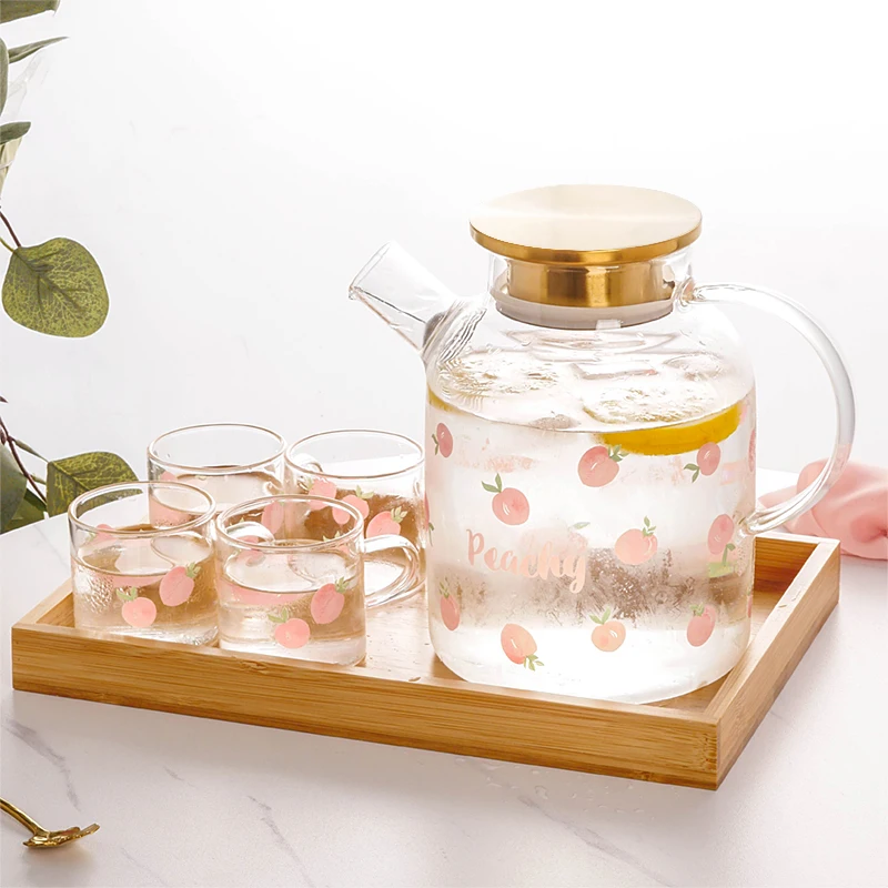 

Kawaii Peach Glass Jug Cold Kettle Set Large Capacity Fruit Juice Kettle Glass Teapot Heat Resistant Glass Teacup For Home