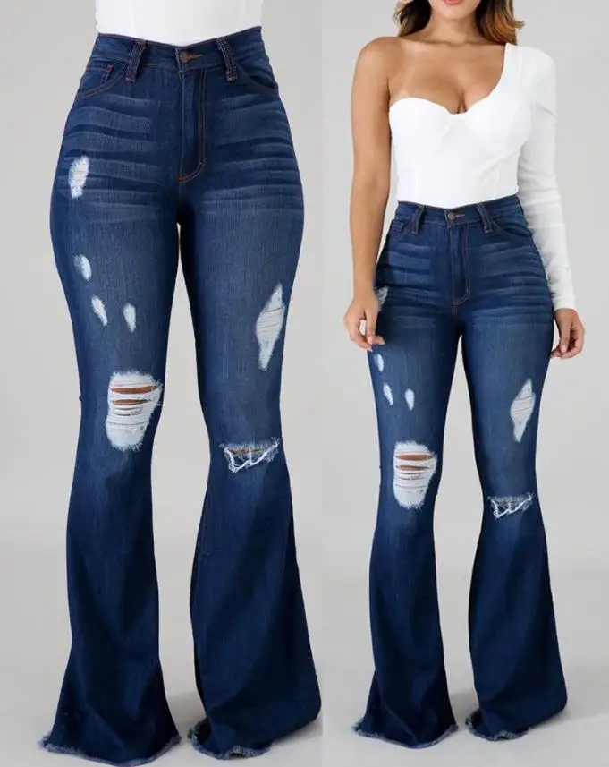 

Women's High Waist Cutout Raw Hem Flared Jeans Autumn Fashion Woman Denim Pants Jean Femme High Waist Full Length Slim Jeans