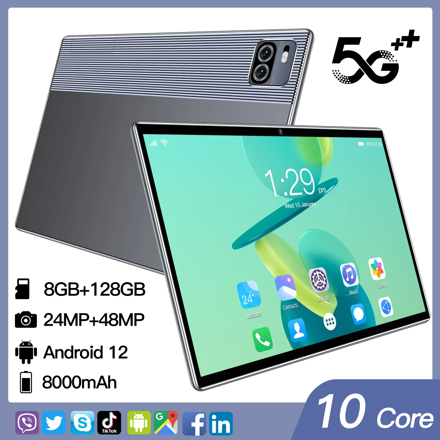 2022 New 10.1-inch tablet computer Android12 tablet computer 8GB+128GB mobile phone eight core 5G+dual card GPS+wifi+Bluetooth