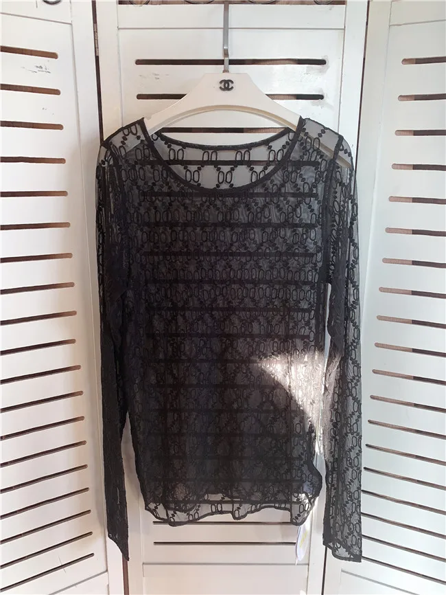 

Women sexy lace luxury brand Letter G t shirt long sleeve see through Tops transparent o neck elsric t shirt Womens Clothing