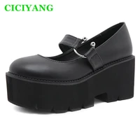 womans pump 2022 spring new wedges high heels mary jane chunky waterproof platform womens shoes trendy word belt leather shoes