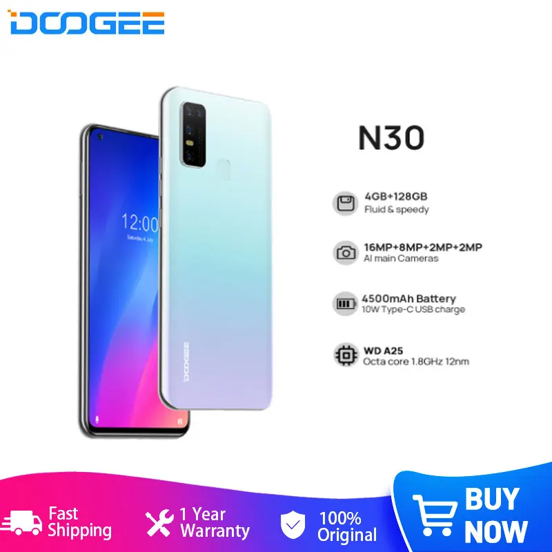 

DOOGEE N30 Global Version 6.55"inch 16MP AI Main Quad Camera 128GB ROM Octa Core Cellphone 4500mAh Large Battery Android 10 OS