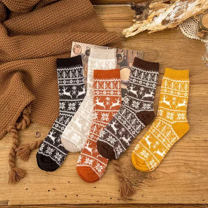 

Winter Warm Cold Double Needle Way Thickened Padded Cotton Woman Kawaii Cartoon Snowman Rabbit Wool Cute Mid-Calf Socks