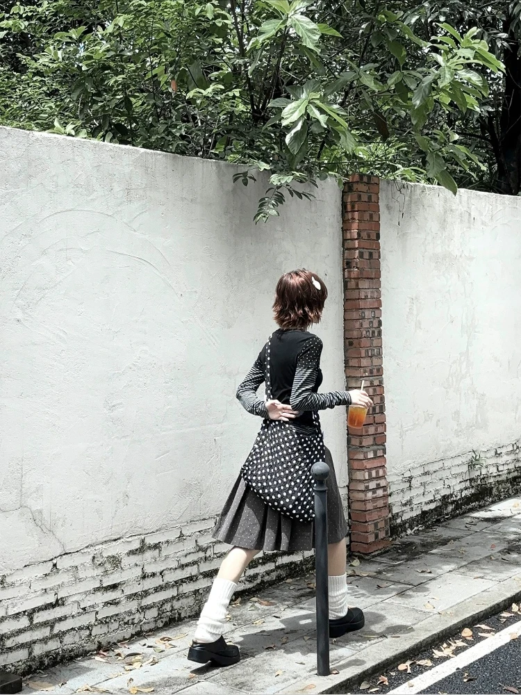 HOUZHOU Y2k черные винтажные женские футболки с рисунком Harajuku милые полосатые футболки с длинными рукавами в горошек в японском стиле тонкие повседневные футболки (art.: 3920d352e63ea) - 3920d352e63ea
