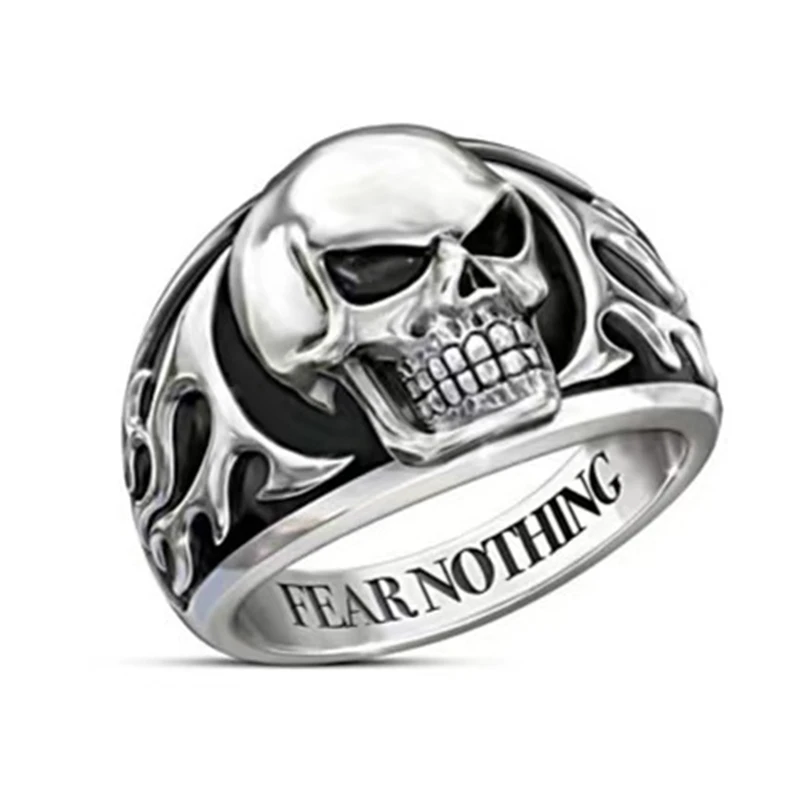 

'Fear Nothing' Lettering Hip Hop Punk Domineering Men Skull Ring Casual Party Gothic Silver Gothic Ring Jewelry