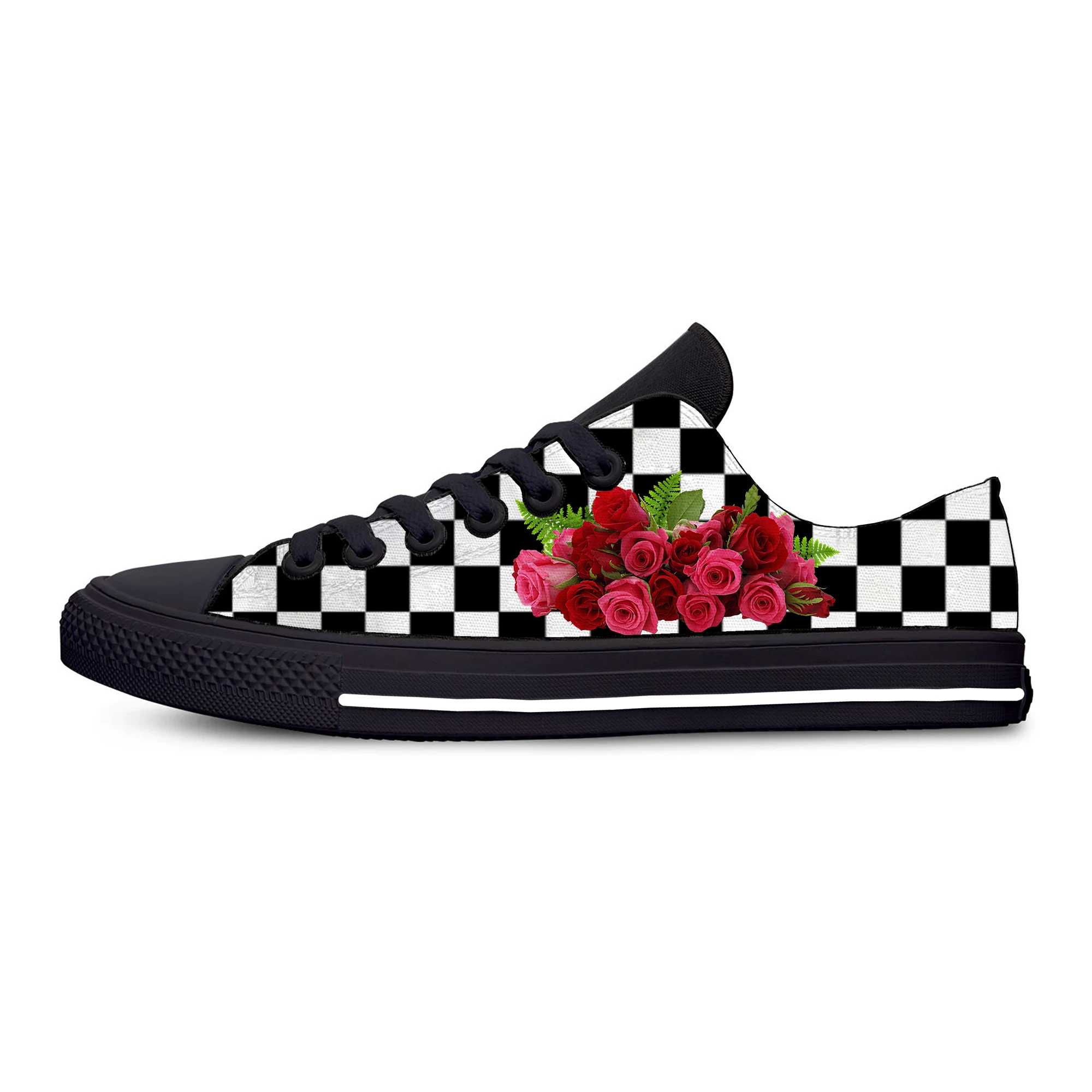 

Hot Black and White Squares Rose Flower Funny Casual Shoes Low Top Lightweight Board Shoes Breathable Women Men Female Sneakers