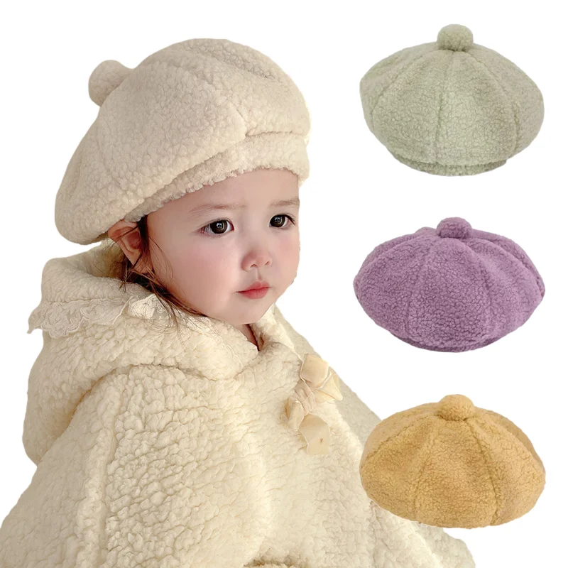 

Lamb Wool Baby Girls Beret Fashion Winter Warm Kids Hat Solid Color Princess Berets Cap Babies Stuff Accessories 3-6Y