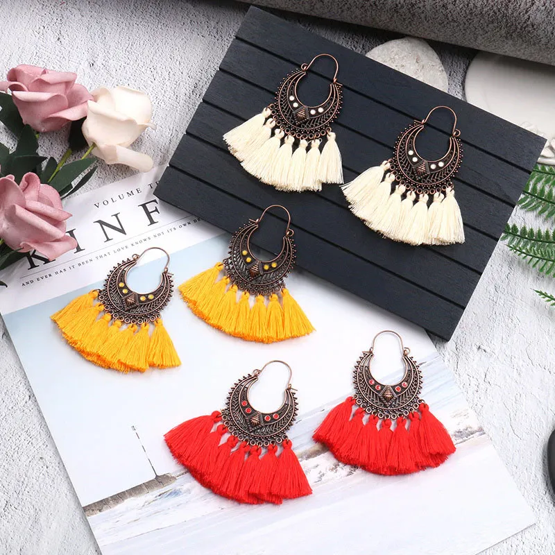 

2022 Trendy Bohemia Drop Earrings For Women Hot Sale Boho Ethnic Multi Layer Cotton Thread Tassel Dangle Piercing Ear Jewelry