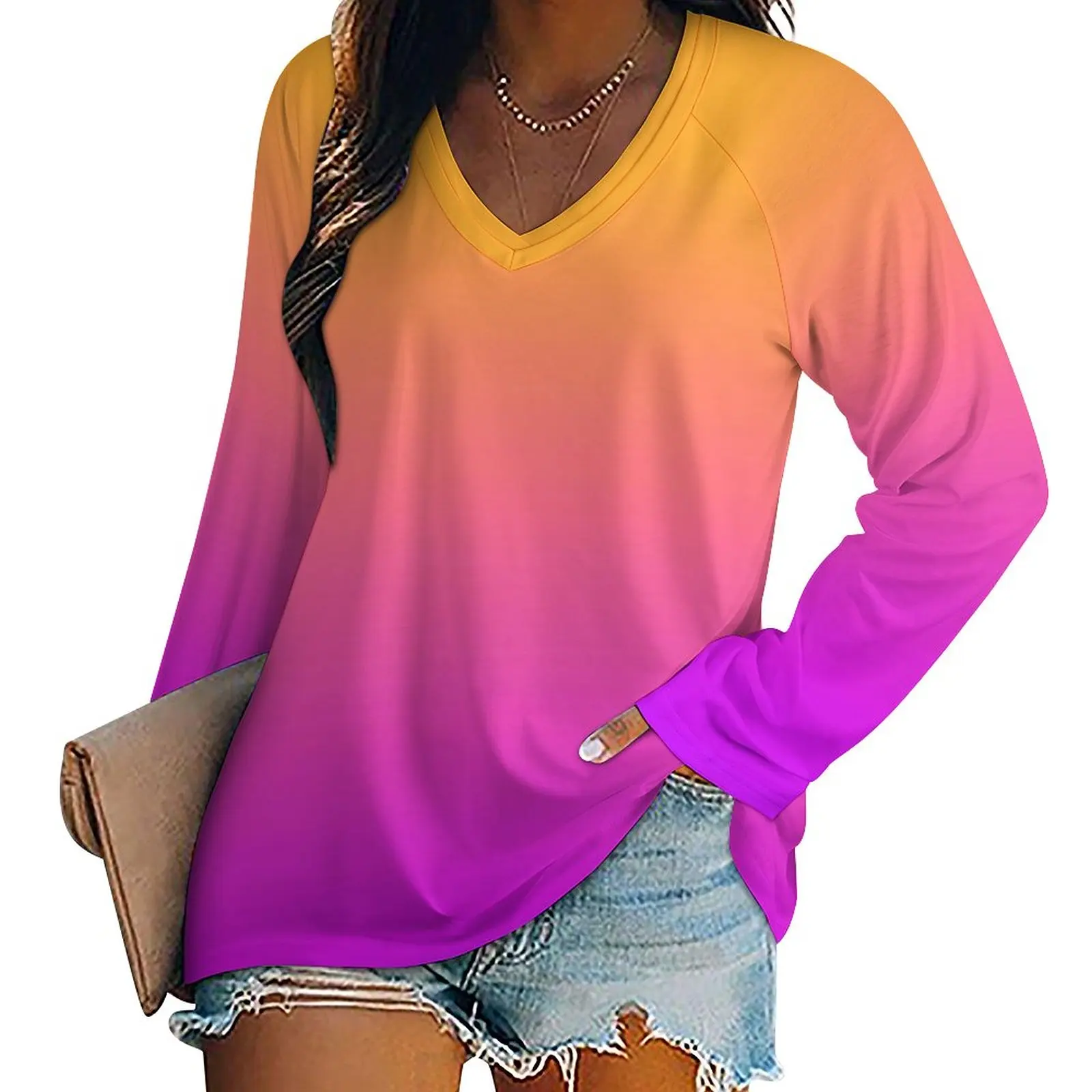 

Watercolor Sunset T-Shirt Gradient Ombre Y2K Long Sleeve T Shirts Ladies V Neck Loose Tee Shirt Big Size Graphic Tops