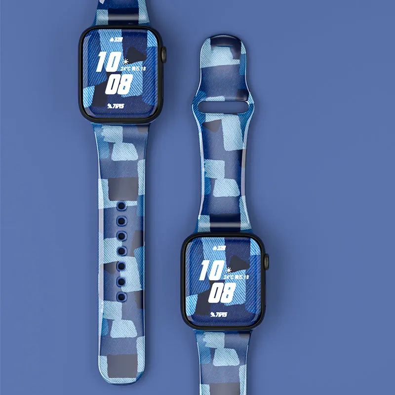 

Силиконовый ремешок с принтом для Apple Watch Series 7 45 мм 41 мм, браслет из денима для Iwatch 6 5 4 3 Se, 40 мм 42 мм 44 мм 38 мм