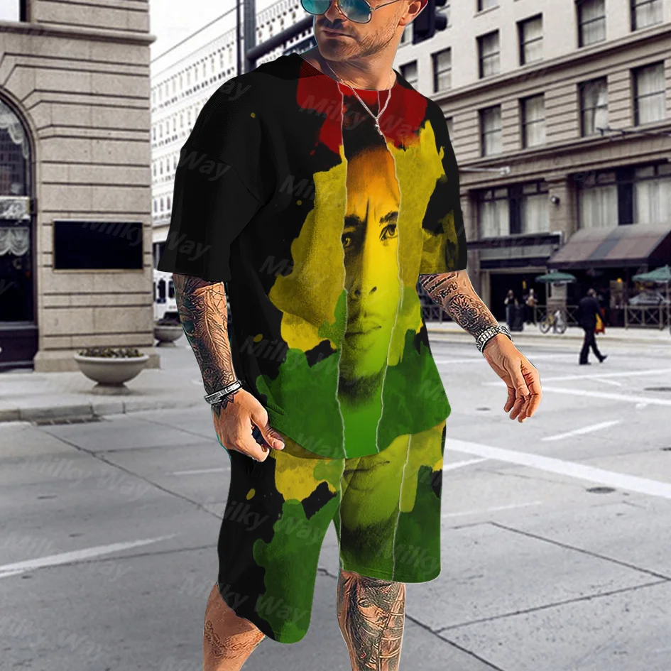 3D Men's Summer Beach T-shirt Suit Sportswear Men's Oversized Clothing Top Shorts Suit Men's Street Casual Two-piece Men