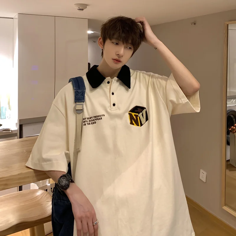 

Lapel short sleeve t-shirt men's fashion brand trend loose and versatile polo shirt men in summer high sense niche design half