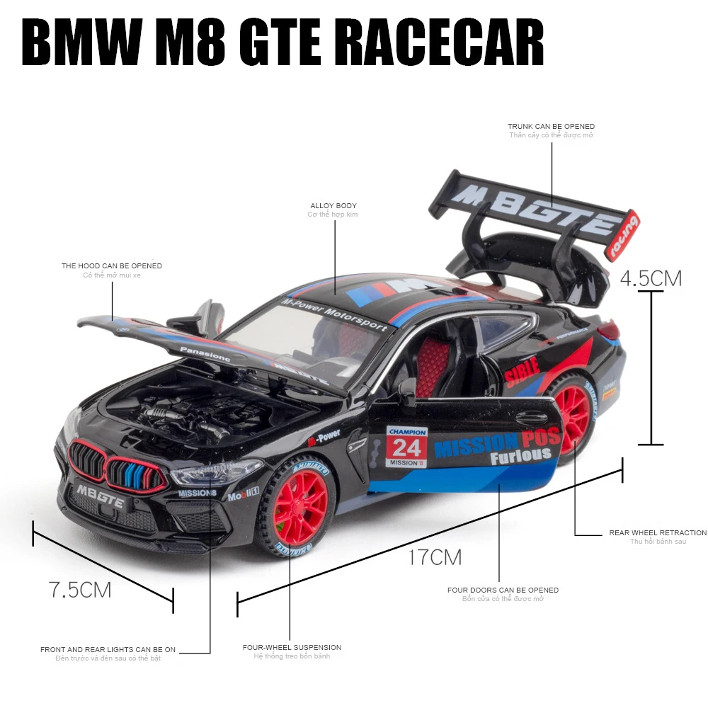 1:32 BMW M8 GTE Le гоночный автомобиль свободная подсветка светильник ная Модель