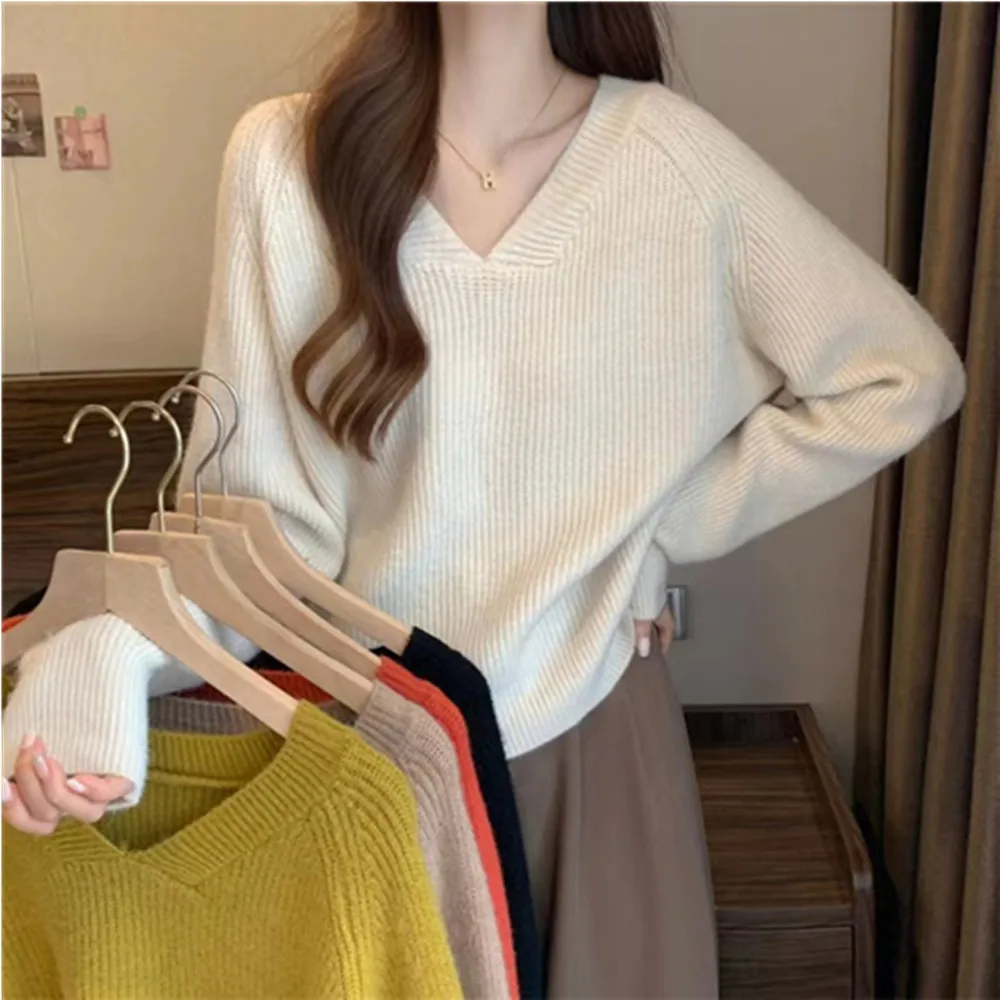 

Spring Autumn Women's Sweater V-Neck Long Sleeve Pullover Knitted Solid Korean Fashion Streetwear Sweater
