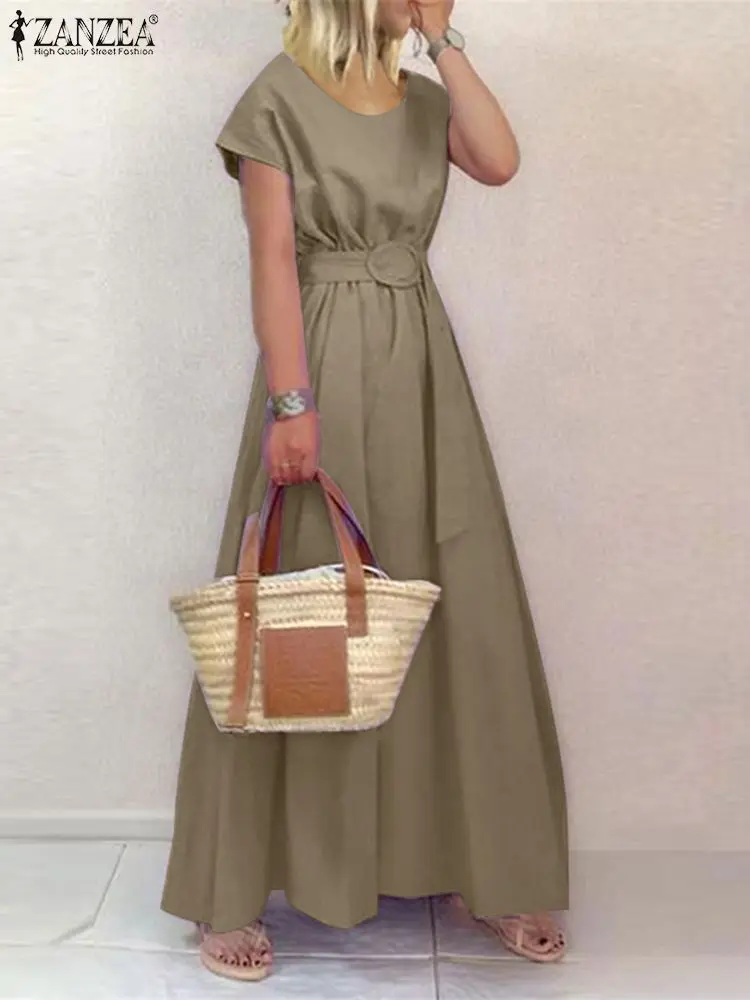 

ZANZEA Vintage Causal Elegant Long Robe Women Belted Dress Summer Short Sleeve O-Neck Solid Dresses Holiday Loose Maxi Vestidos