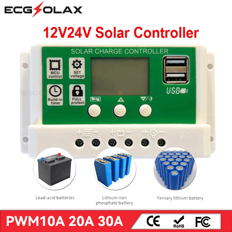 

ECGSOLAX PWM Solar Charge Controller 10A 20A 30A 12V 24V Auto Batteries Charger Solar Regulator With LCD Diaplay Max PV 50VDC