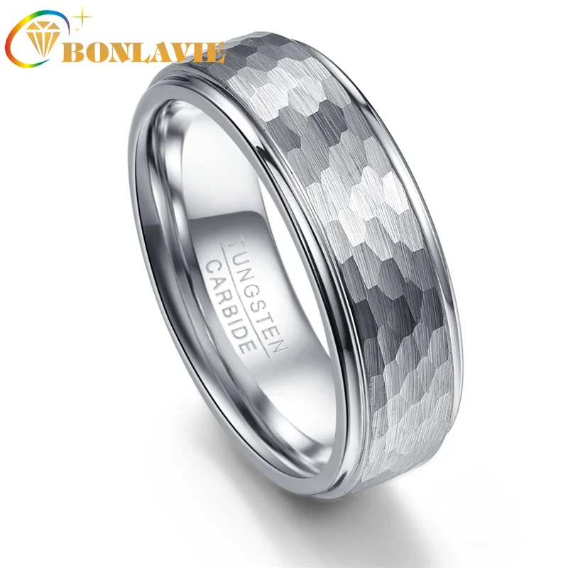 

BONLAVIE 8mm Tungsten Carbide Ring Steel Color Ground Geometric Frosted Hexagon Pattern Punk Anniversary Mens Ring