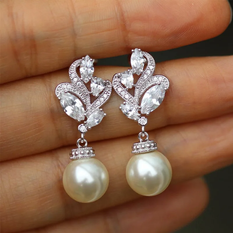 

New Silver Color Simulated Pearl Drop Earrings for Women Shiny Cubic Zirconia Romantic Bridal Wedding Engagement Jewelry