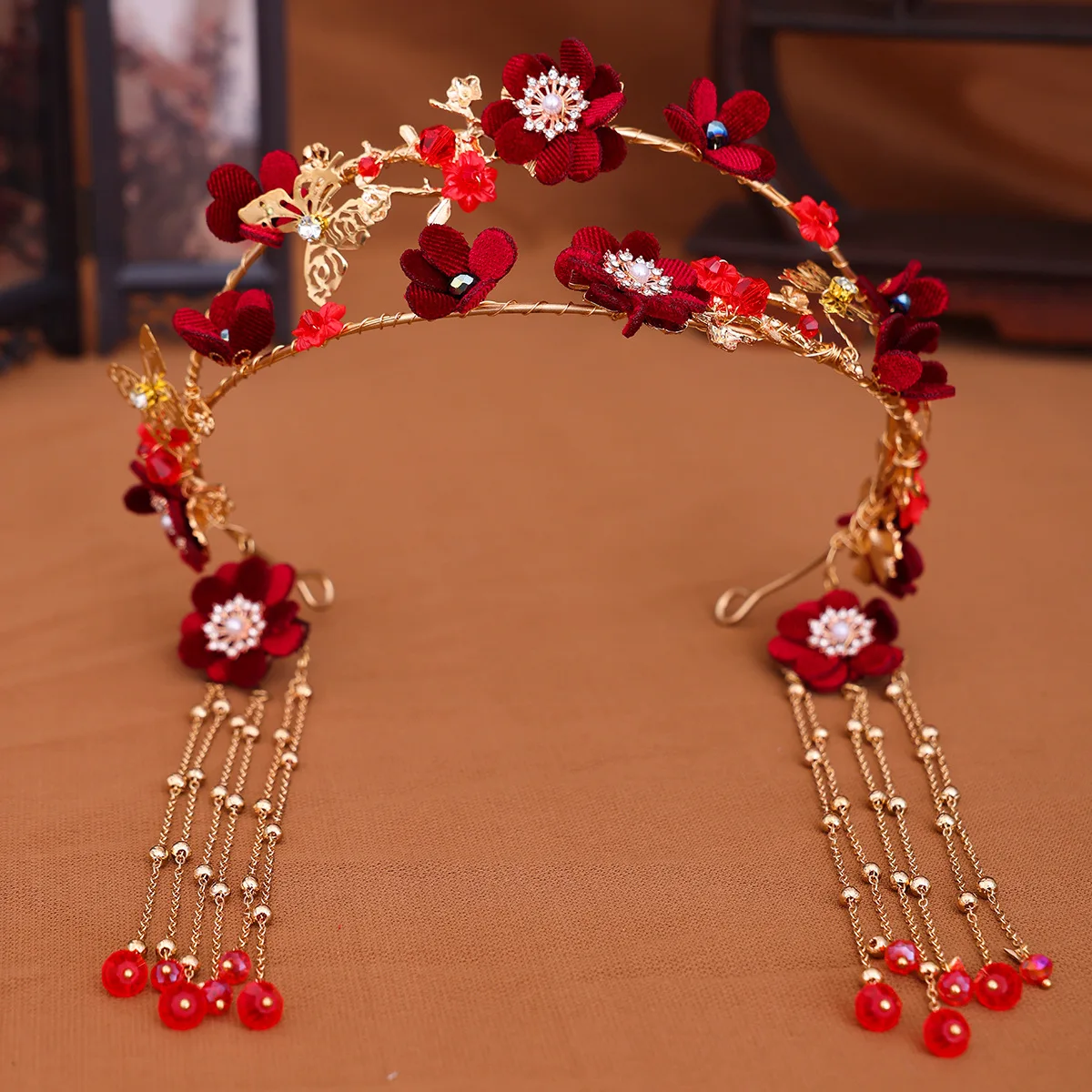 Китайский красный цветок длинная повязка на голову с кисточками комплект серег