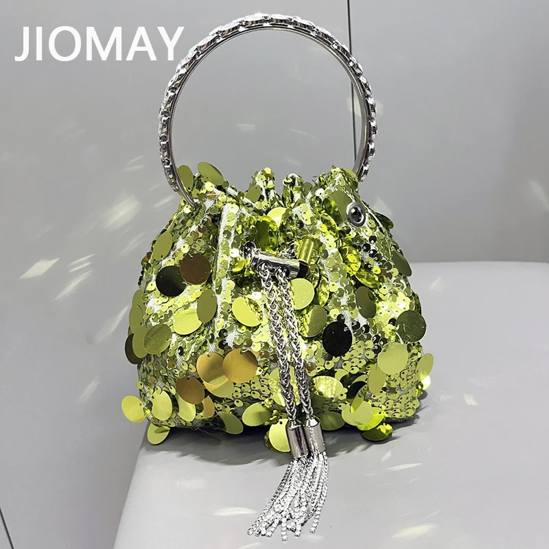 

Дизайнерские сумки JIOMAY с блестками для женщин 2023, женская сумка через плечо с кисточкой, Женские однотонные Сумки-мешки с металлическим кольцом и ручкой