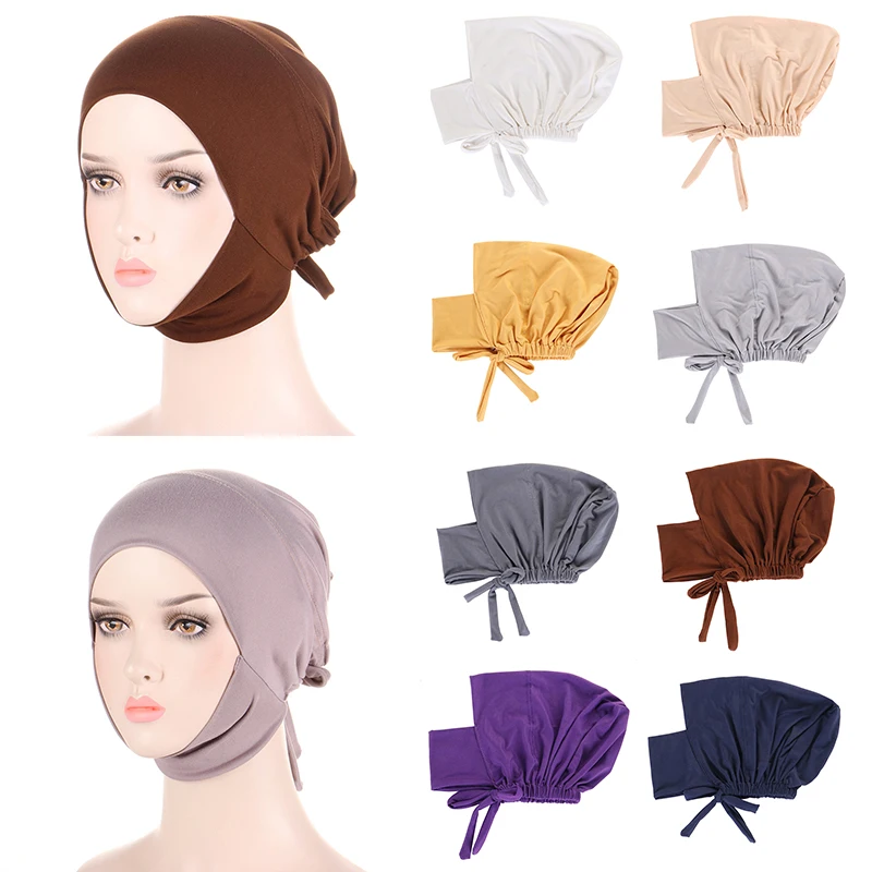 

Fashion Muslim Women Tie Back Inner Hijab Caps Cotton Jersey Stretch Underscarf Modal Bonnet Headwrap Arab Headscarf