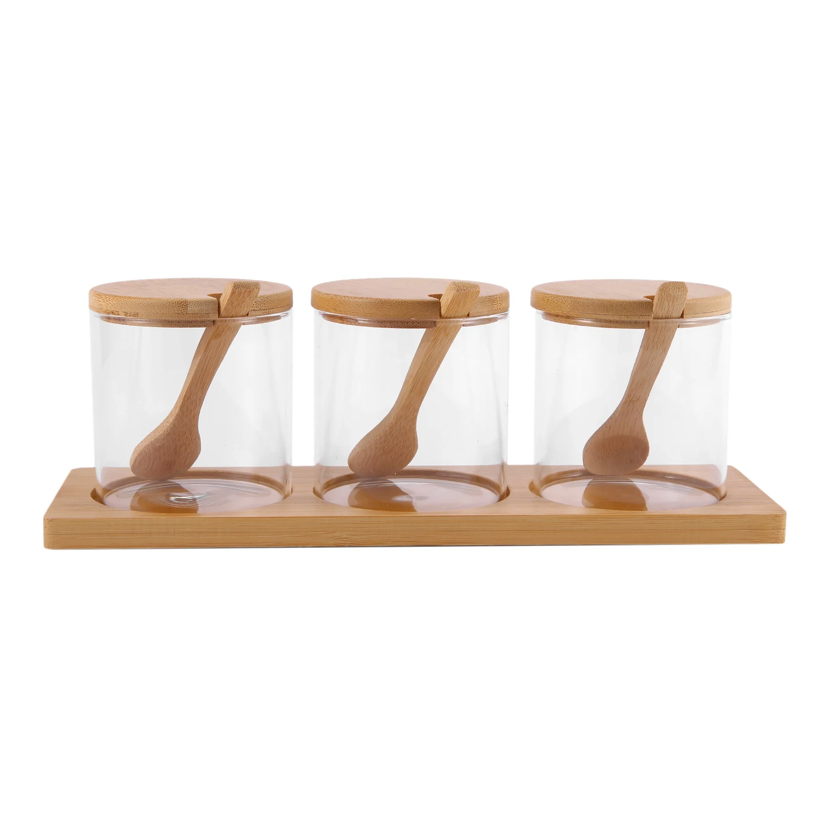 

Sealed Storage Tank Three-Piece Set with Bamboo Lid and Tray with Spoon Kitchen Storage Seasoning Box