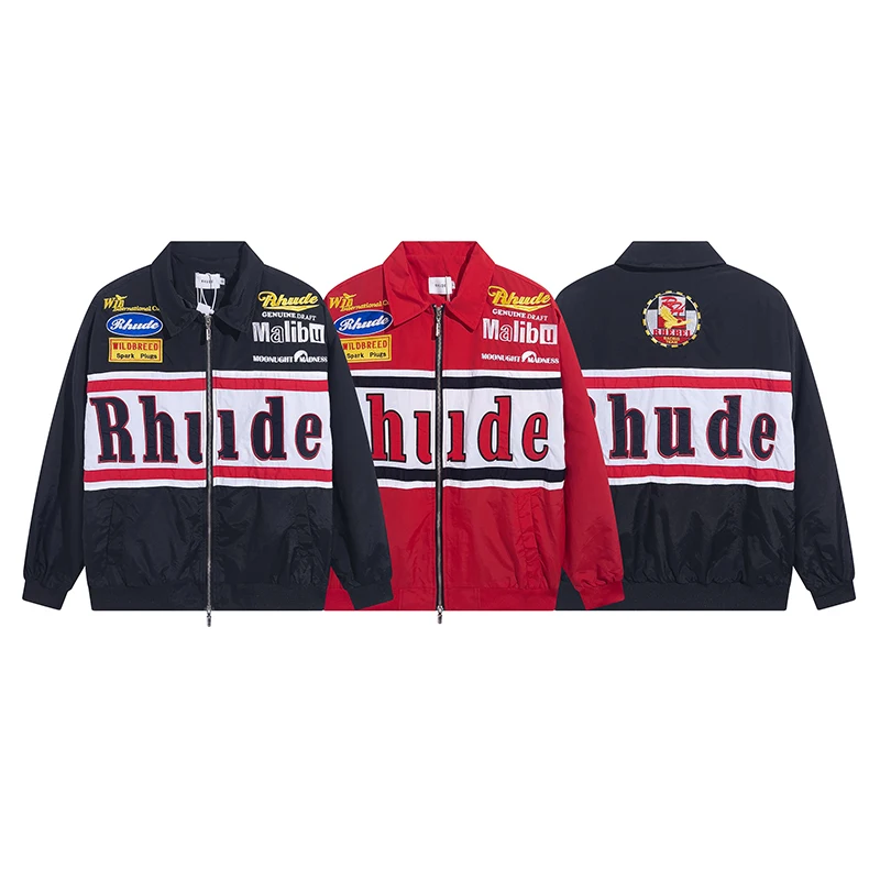 

2023ss Black Red RHUDE Jacket Men Women 1:1 Best Quality Hip-Hop Outerwear Badge Embroidered Lapel Rhude Windbreaker Coats