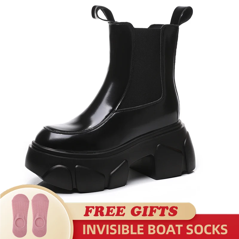 

8.5cm New Patent Genuine Leather Microfiber Booties Platform Wedge Motorcycle Spring Autumn Women Ankle Casual ZIP Shoes