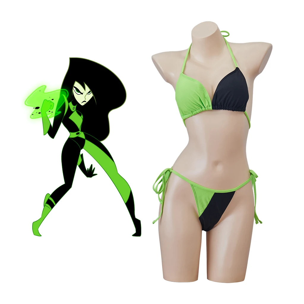 Купальник Shego женский для косплея, комплект черного и зеленого бикини, пляжная одежда, наряд для Хэллоуина и вечеринки