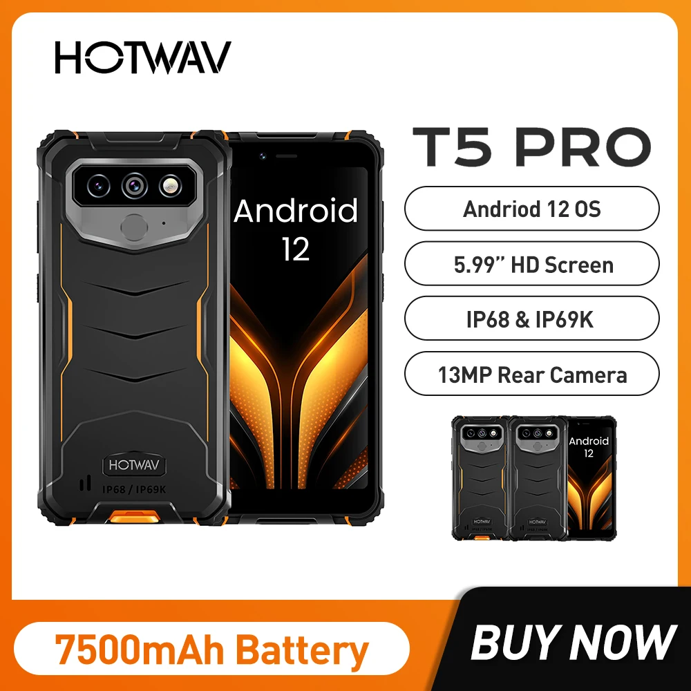 

4G Smartphone Hotwav T5 Pro IP68 Android 12 MTK6761 Mobile Phone 4GB 32GB Cellphone 7500mAh 13MP Rear Camera NFC Rugged