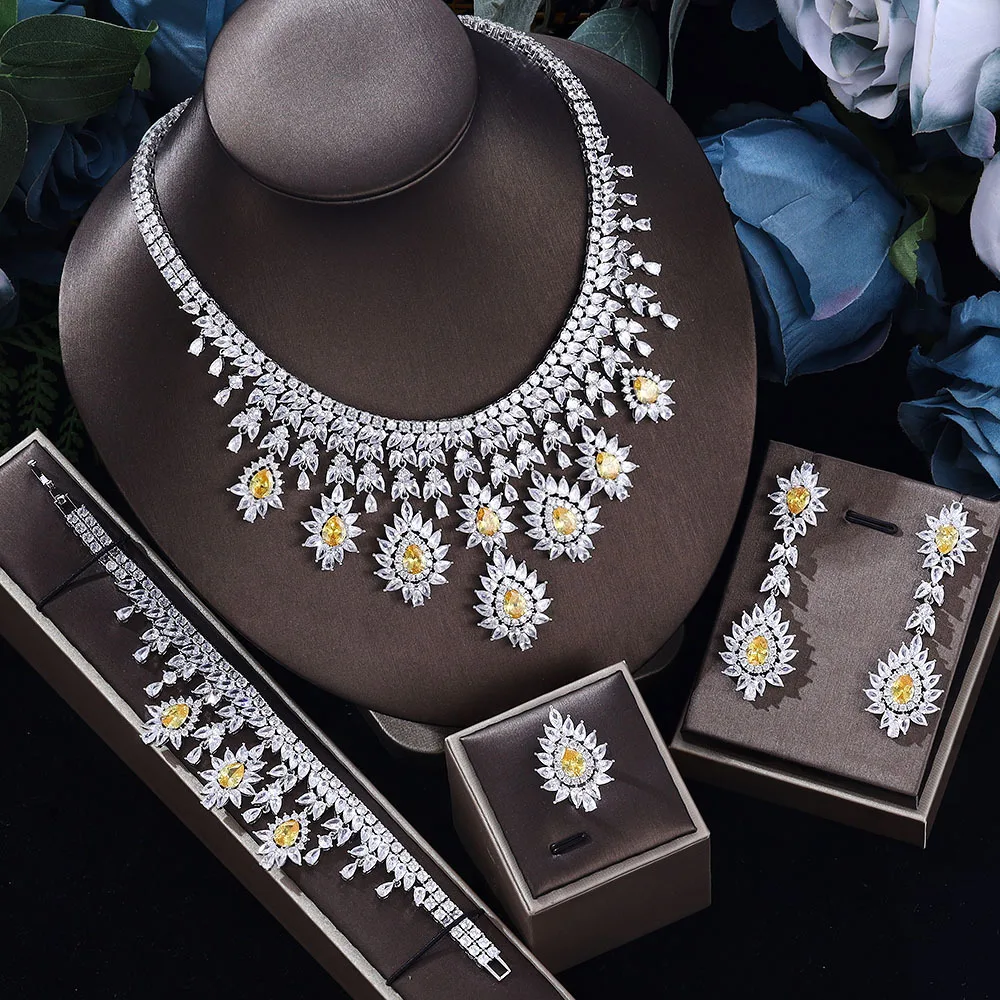 

Ожерелье серьги кольцо браслет аксессуары четыре штуки Блестящие модные циркониевые женские ювелирные изделия свадебный комплект для нев...