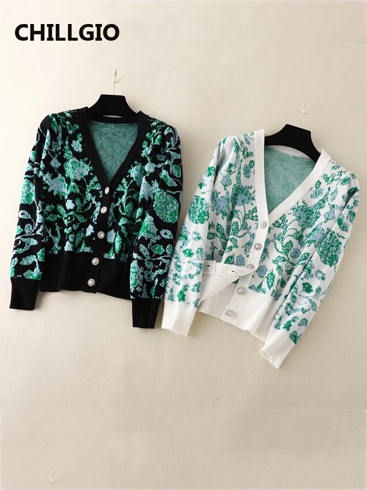 

Женский утепленный вязаный кардиган CHILLGIO с цветочным принтом, модные эластичные корейские топы с V-образным вырезом и длинными рукавами, теплый свитер на осень и зиму