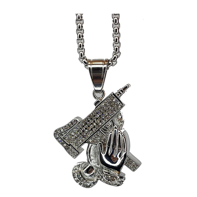 

Diamond ShinningHand Praying Submachine Gun Pendant Necklace Mens High Street Rhineston Fashion Accessories Couple Torque