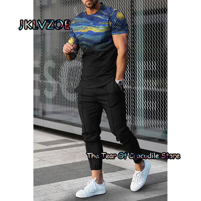 Newest Stitching Patter Men's Trousers 2 Piece Sets Print Summer Plaid t Shirt Short Sleeve+Long Pants Street Tracksuit Clothing