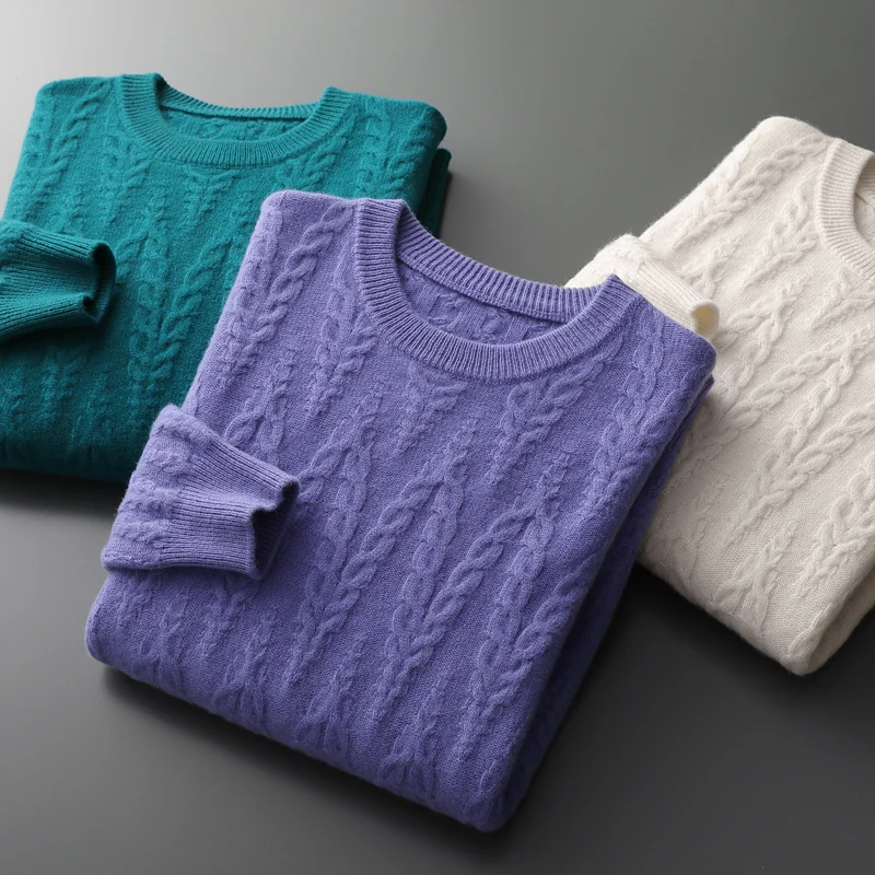 Men's 100% Merino Wool Thickened Sweater Round Neck Casual Versatile Cashmere Knitted Ssweater Loose Korean Fashion Bottom